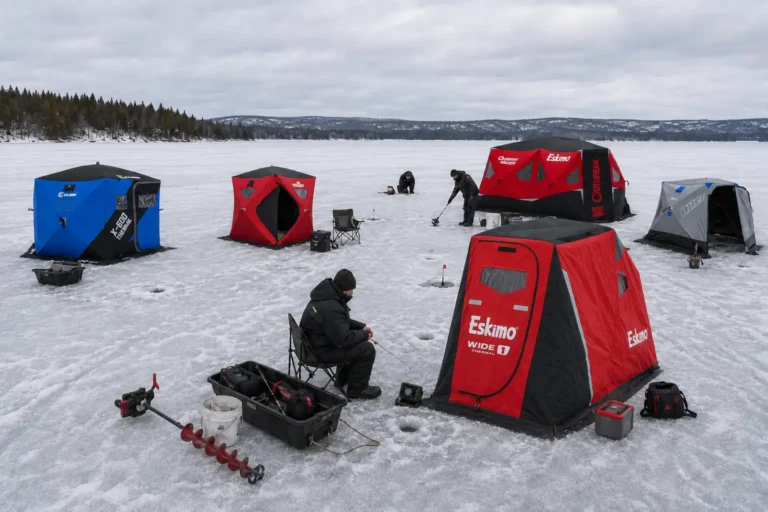 Tested ice fishing shelters on a frozen lake