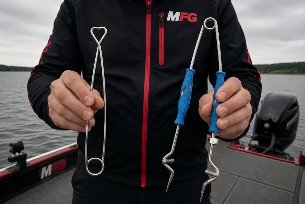 MFG angler comparing the Baker MS10 and CUDA jaw spreaders side by side before field testing them on pike