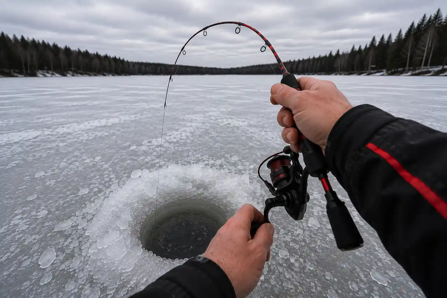 MFG angler testing ice fishing rods while fighting a fish through a hole in the ice