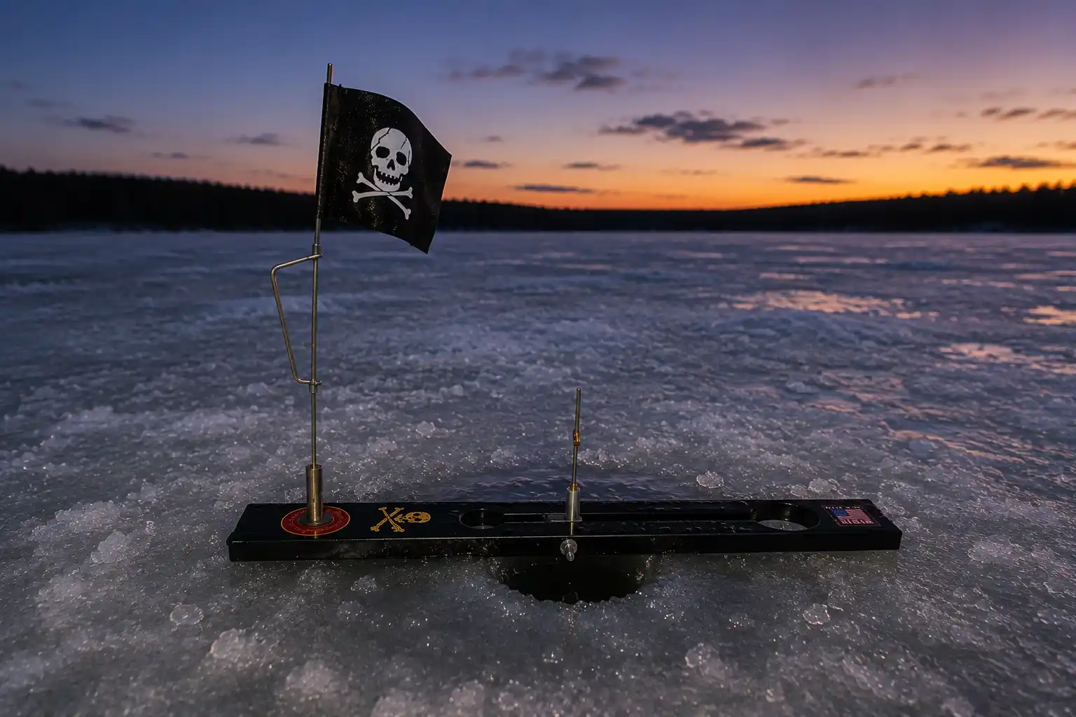 Best tip-ups for pike fishing — MFG-tested tip-up with raised flag signaling a strike, set on the ice at dusk