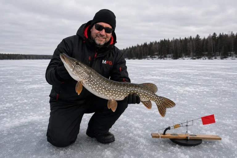 MFG angler holding a northern pike caught with the best tip-ups for pike fishing, flag raised on the ice