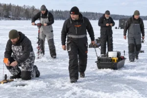 MFG anglers wearing floating ice fishing bibs while drilling, hauling gear, and checking tip-ups on frozen lake ice