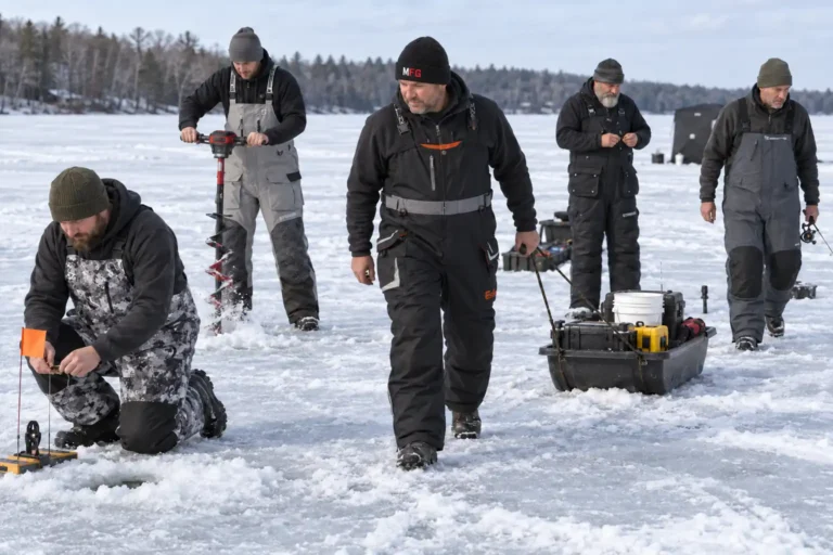 MFG anglers wearing floating ice fishing bibs while drilling, hauling gear, and checking tip-ups on frozen lake ice