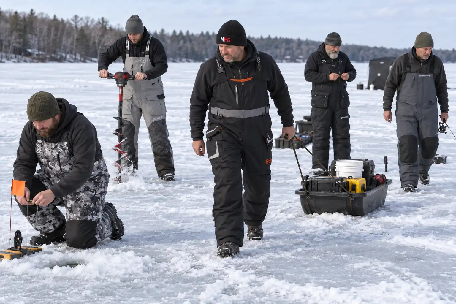 MFG anglers wearing floating ice fishing bibs while drilling, hauling gear, and checking tip-ups on frozen lake ice