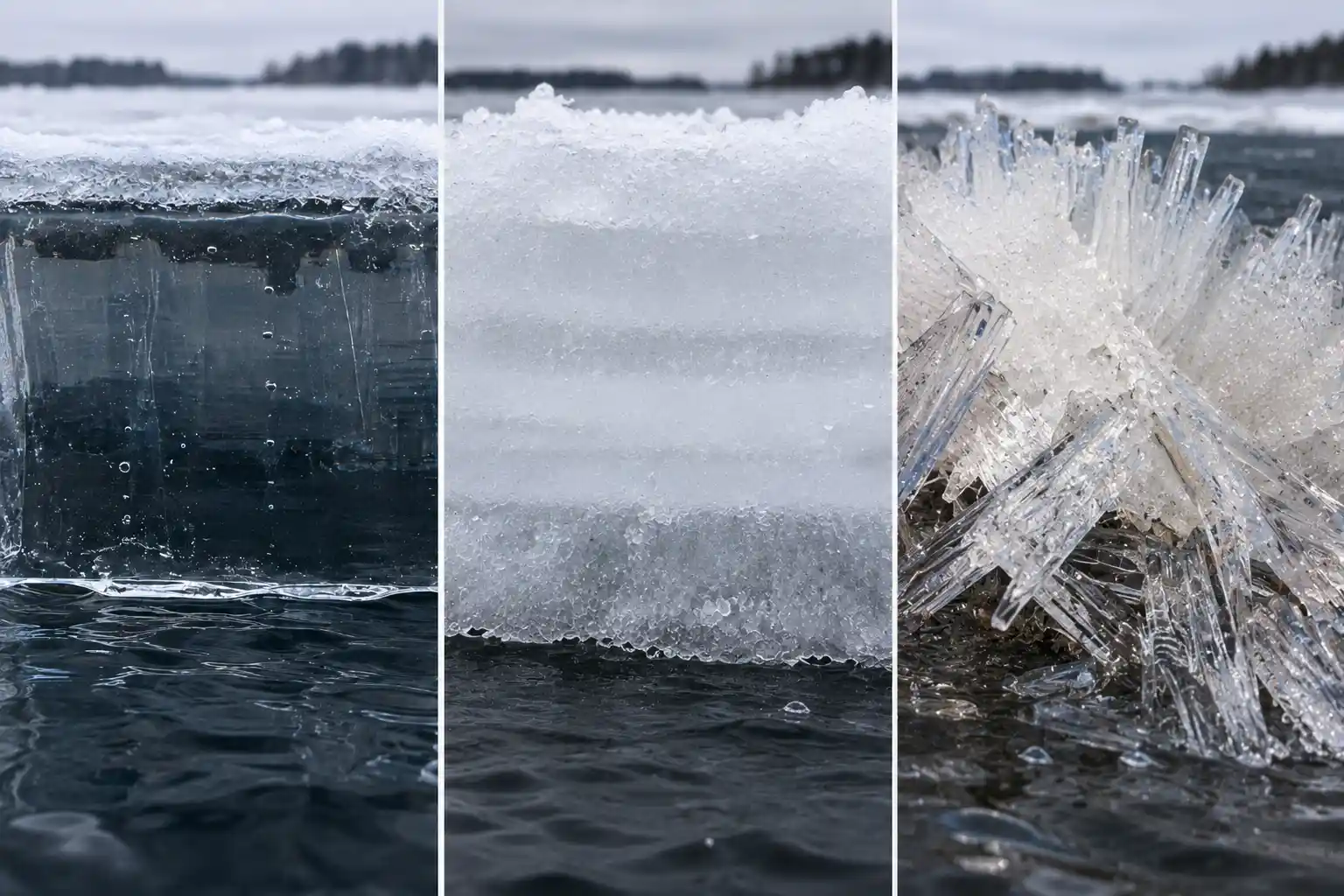 Ice fishing safety comparison of clear, white, and deteriorated honeycombed ice