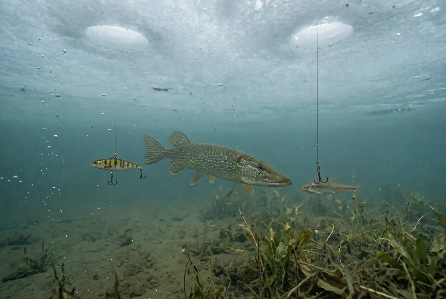 MFG-tested deadstick for pike beside an active jig under the ice