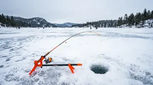 Deadstick for pike through the ice with the rod tip bent during a bite