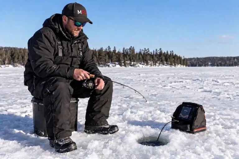 MFG angler showing how to jig for pike through the ice with a short rod and sonar