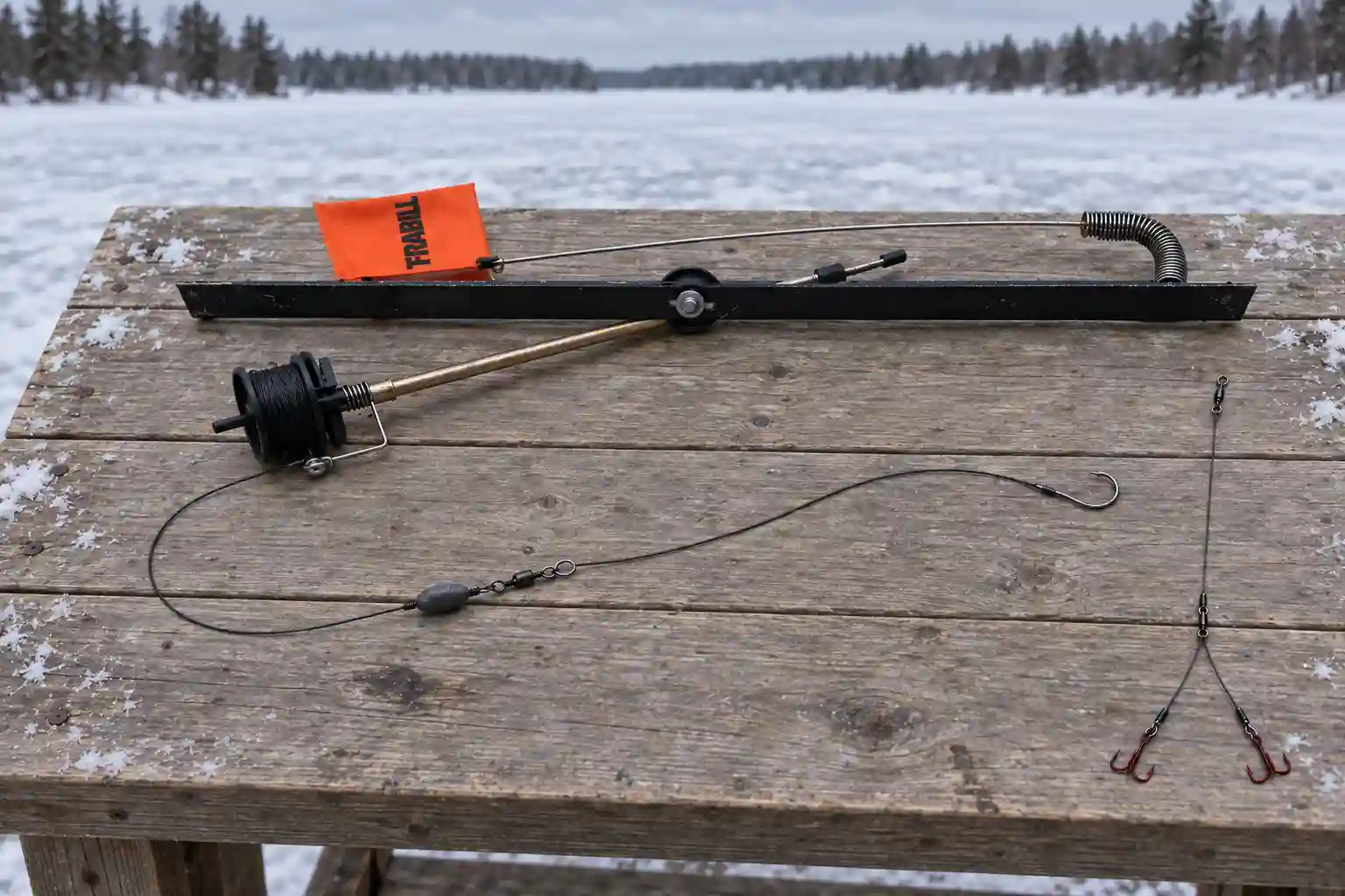 MFG pike tip-up rig with Dacron line, sinker, swivel, leader and hook systems