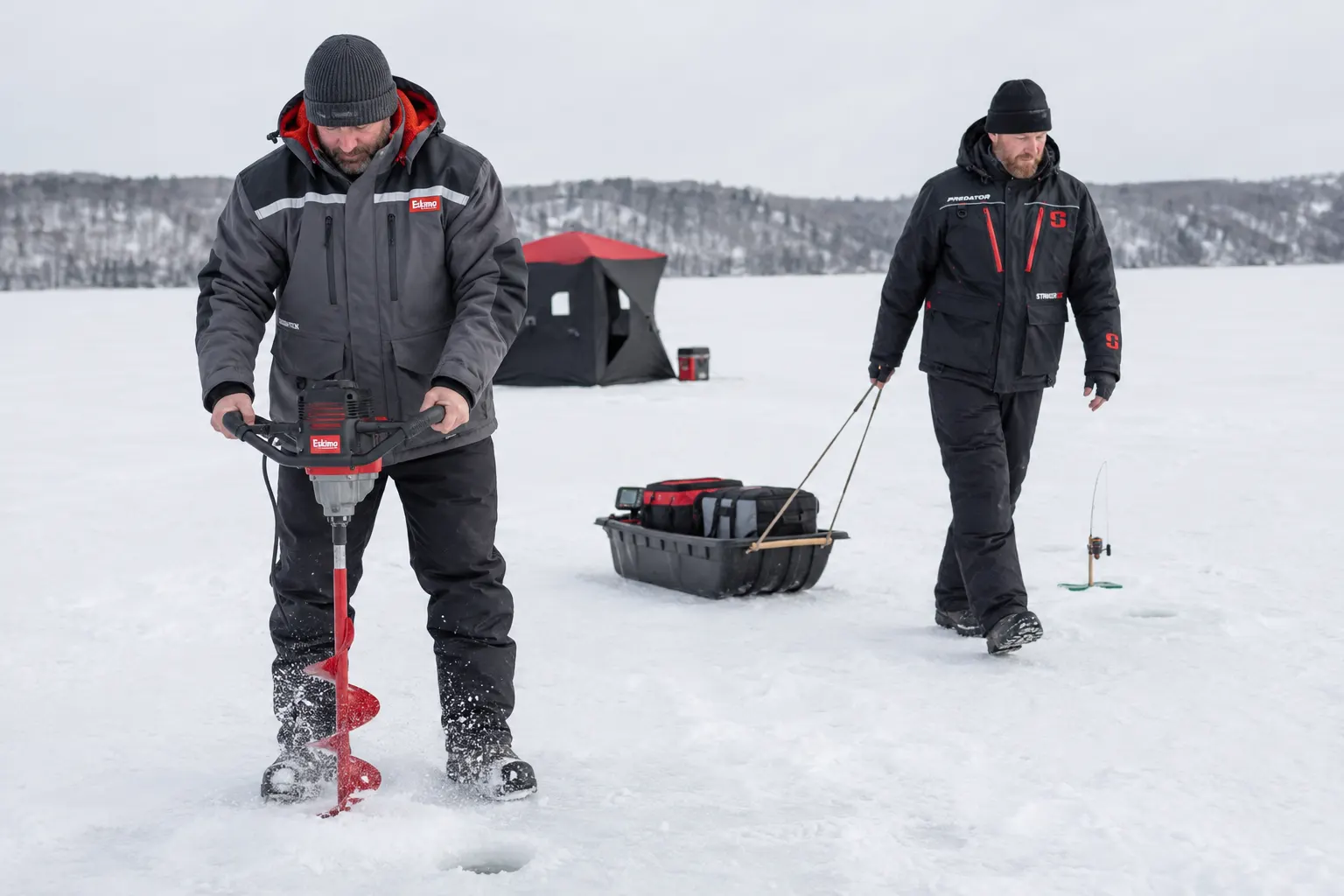 MFG anglers testing the StrikerICE Predator Jacket and Eskimo Roughneck Jacket while ice fishing