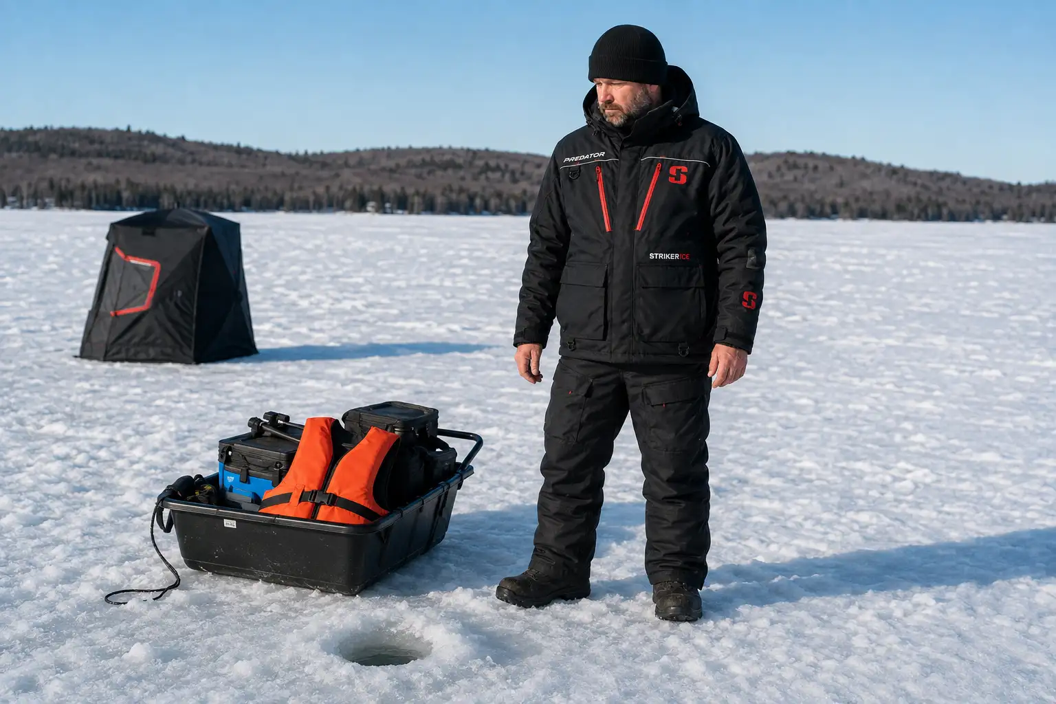 MFG angler in the StrikerICE Predator Jacket beside a sled with a spare PFD