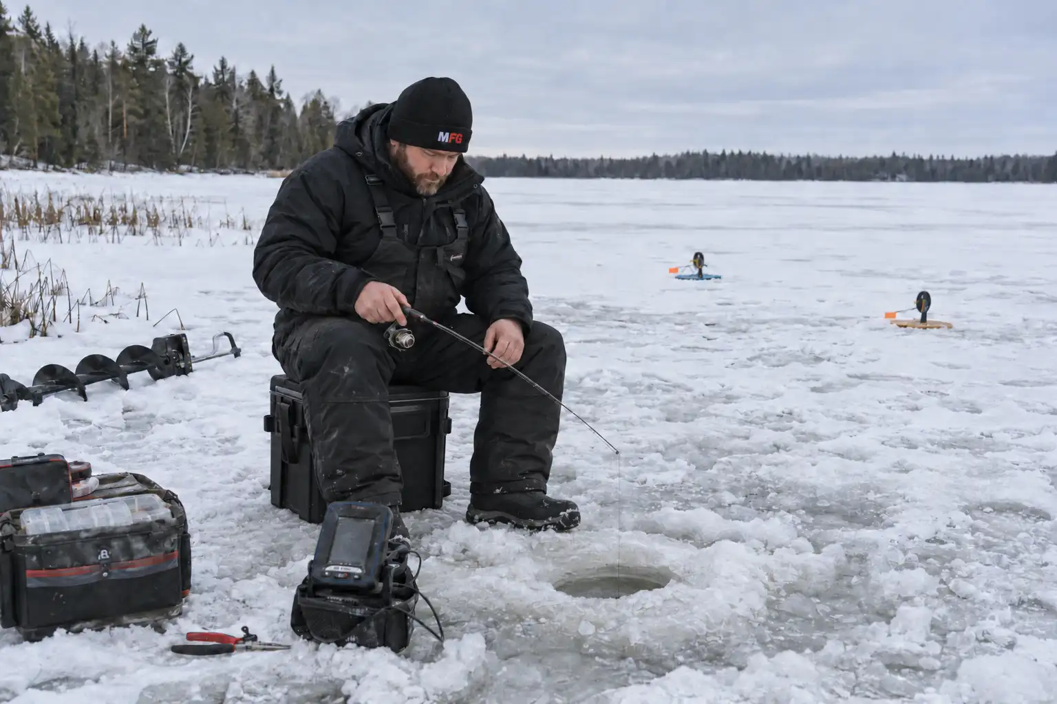 Ice fishing for pike with an angler jigging beside tip-ups on a frozen lake