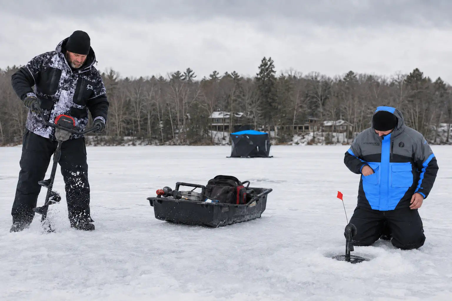 MFG anglers testing the Piscifun Ice Fishing Jacket and ICEARMOR Ascent Float Parka while drilling holes and checking tip-ups