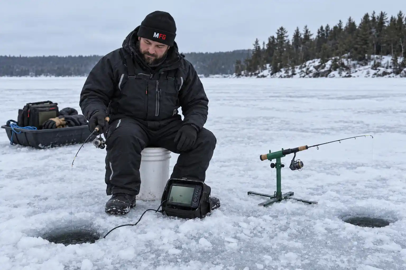 MFG angler jigging beside a deadstick for pike through the ice