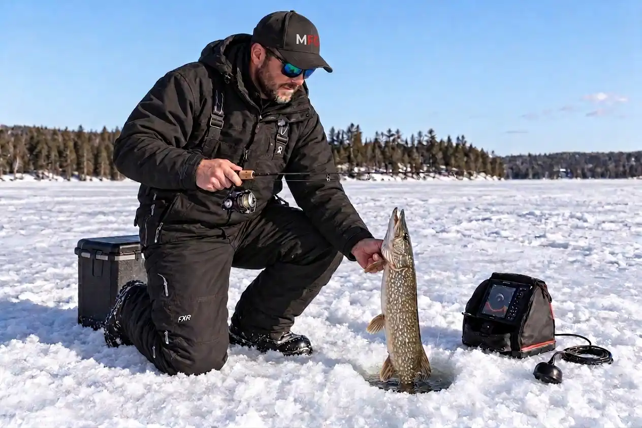 MFG angler landing a pike through the ice after jigging with a short rod
