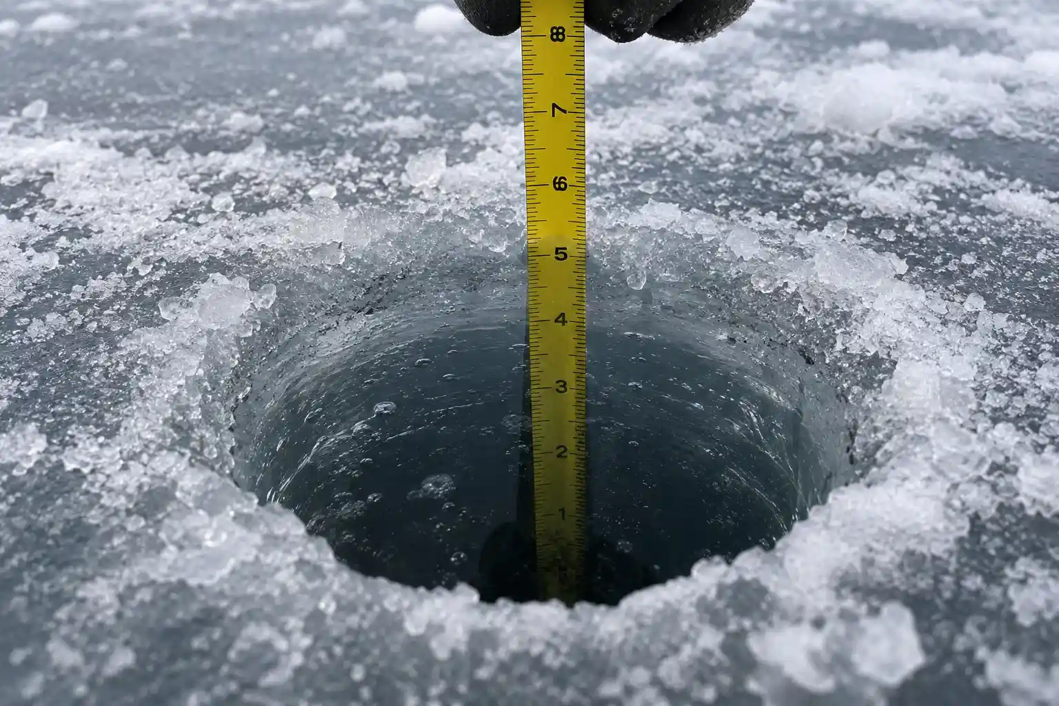 Measuring five inches of clear ice during an MFG ice fishing safety check
