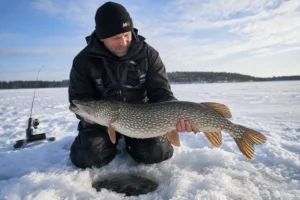 Ice fishing for pike with an MFG angler holding a northern pike beside an ice hole