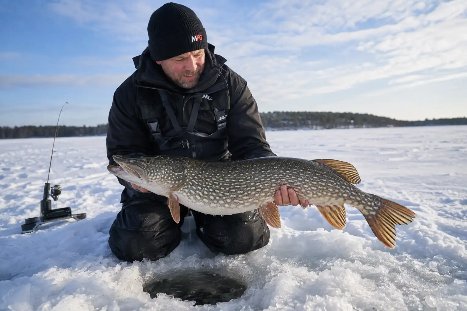 Ice fishing for pike with an MFG angler holding a northern pike beside an ice hole