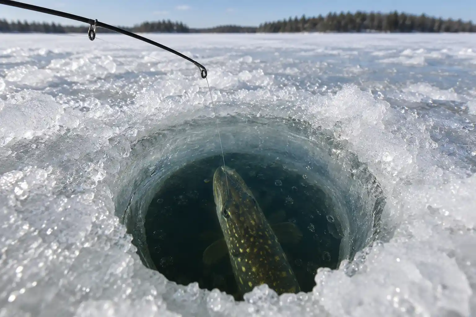 How to jig for pike through the ice with the fish aligned beneath the hole