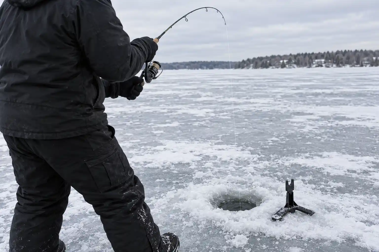 MFG angler setting the hook on a pike deadstick through the ice