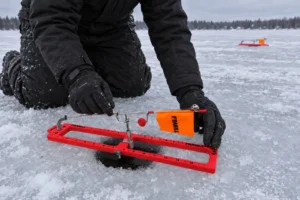 MFG angler setting up a tip-ups for pike fishing