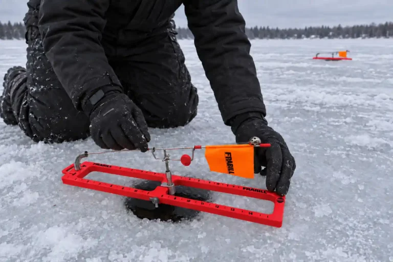 MFG angler setting up a tip-ups for pike fishing