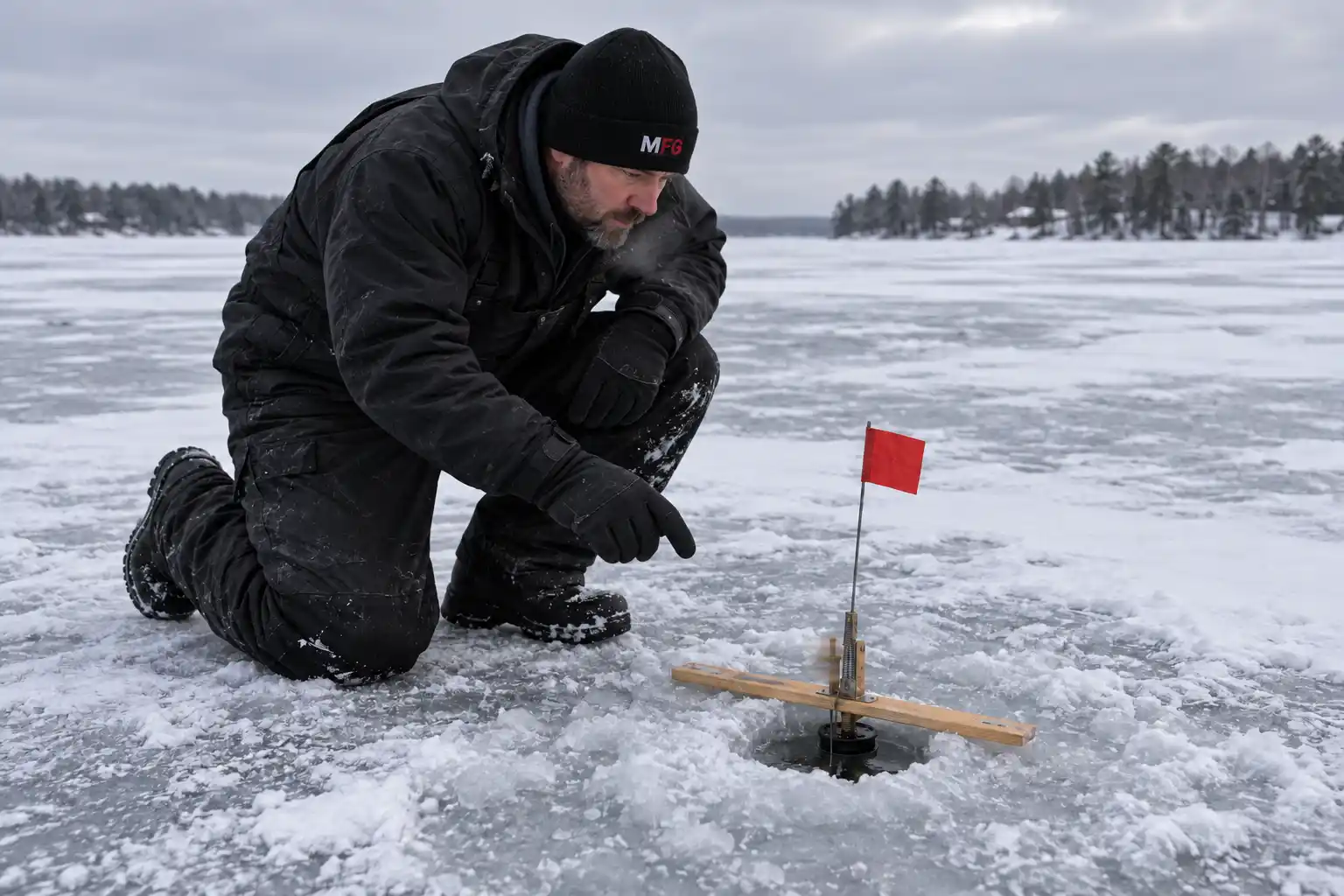MFG angler watching the tip-up spool after a raised flag signals a pike