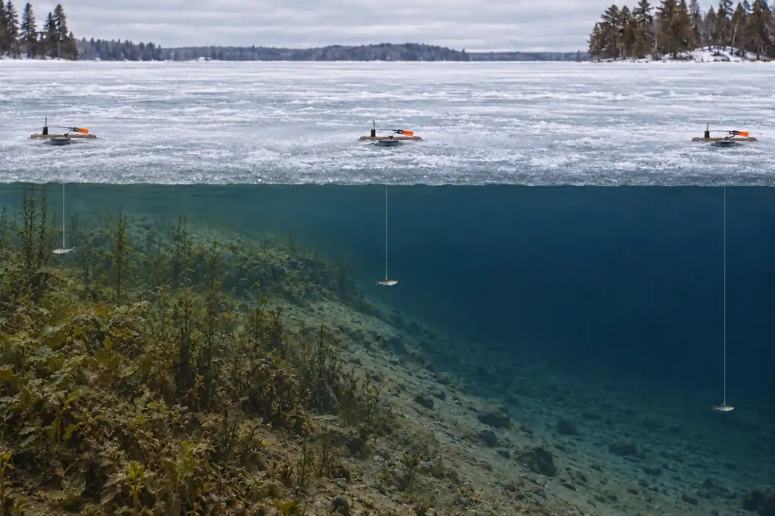 MFG tip-up spread we use across a shallow-to-deep transition for pike