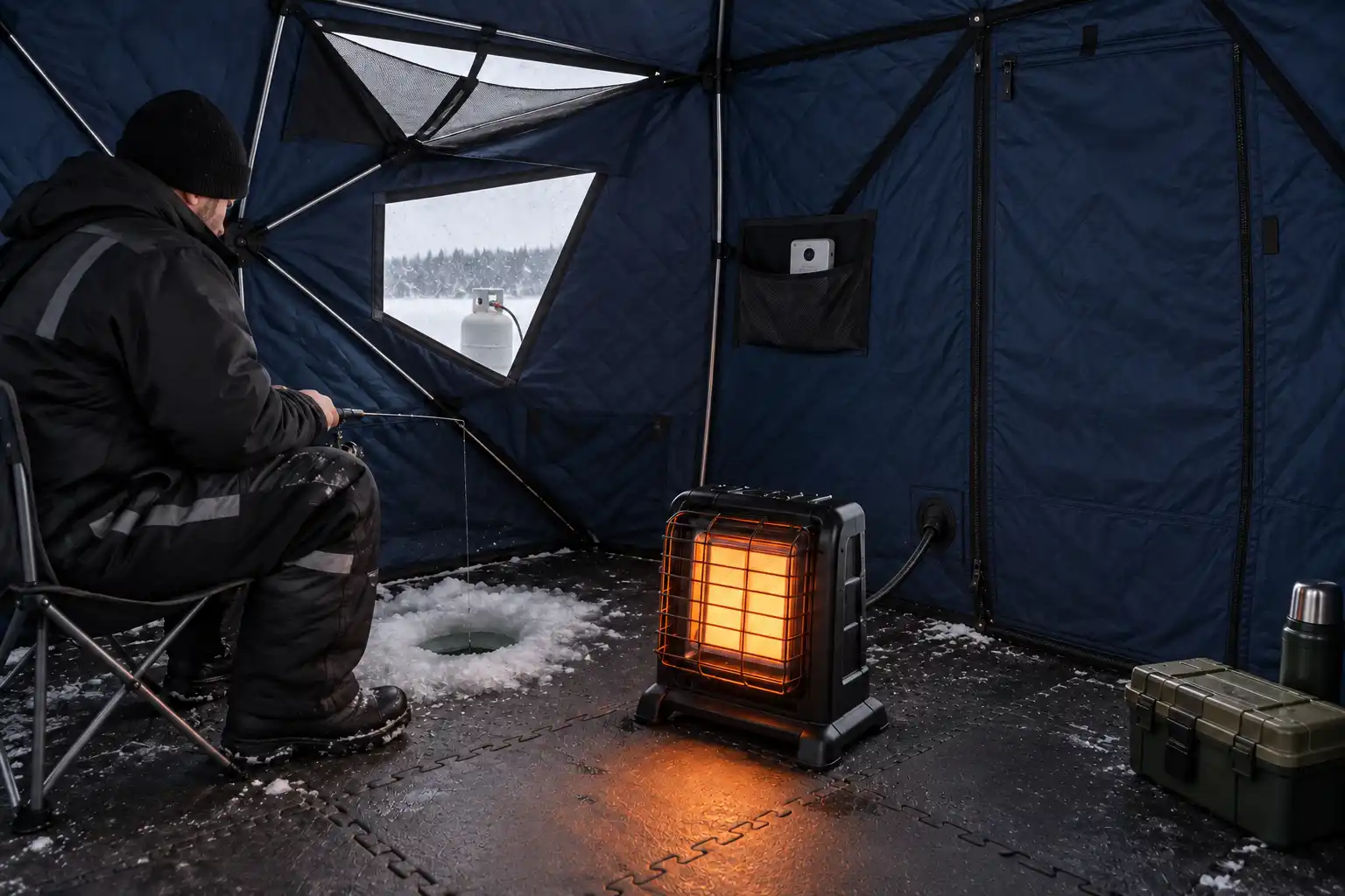 Ice fishing safety inside a ventilated shelter with a propane heater and outdoor cylinder