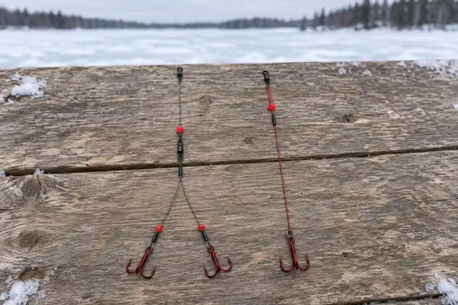 MFG single-hook and quick-strike rigs used for pike tip-ups