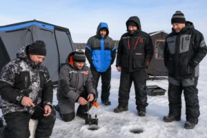 MFG anglers field-testing the Best Floating Ice Fishing Jackets on the ice