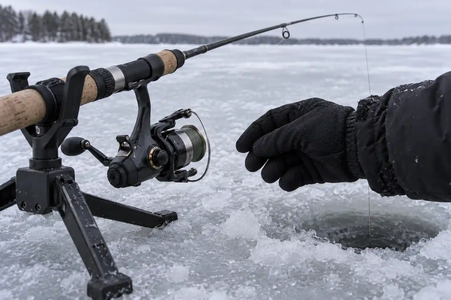 MFG angler checking a deadstick reel and stable rod holder for pike