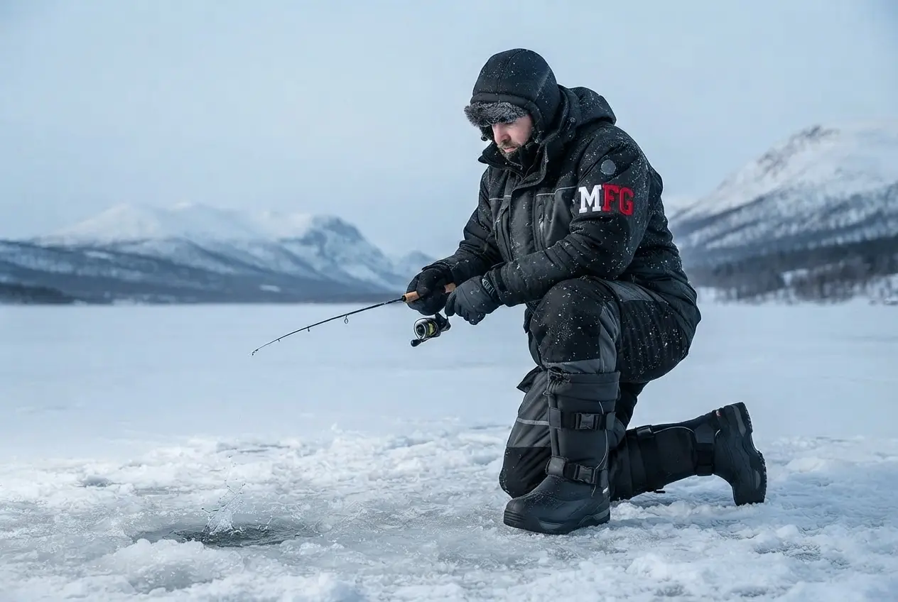 MFG angler kneeling on frozen lake ice in Baffin Impact winter fishing boots while jigging for pike