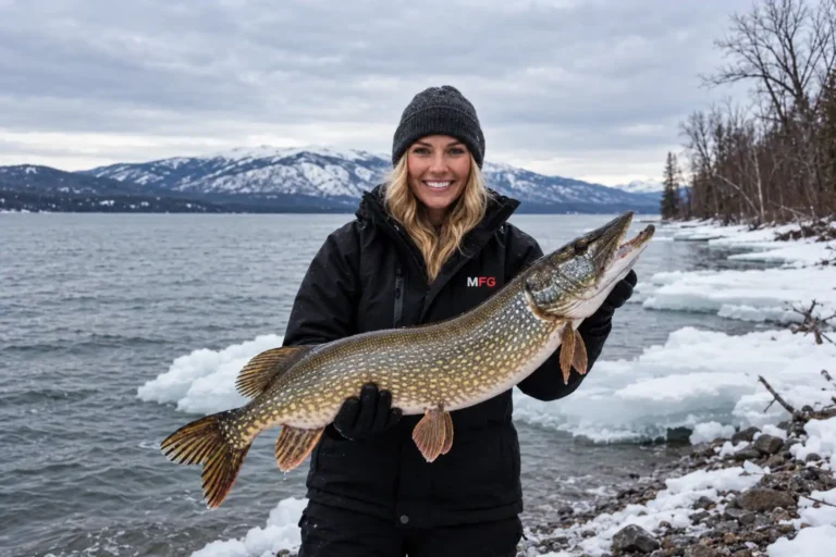 MFG female angler holding a northern pike she caught while winter pike fishing on open water
