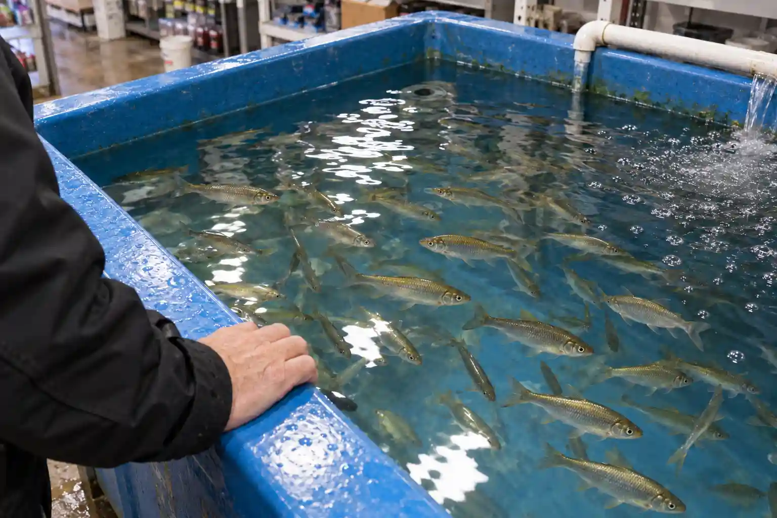 MFG angler inspecting live baitfish in an aerated bait shop tank