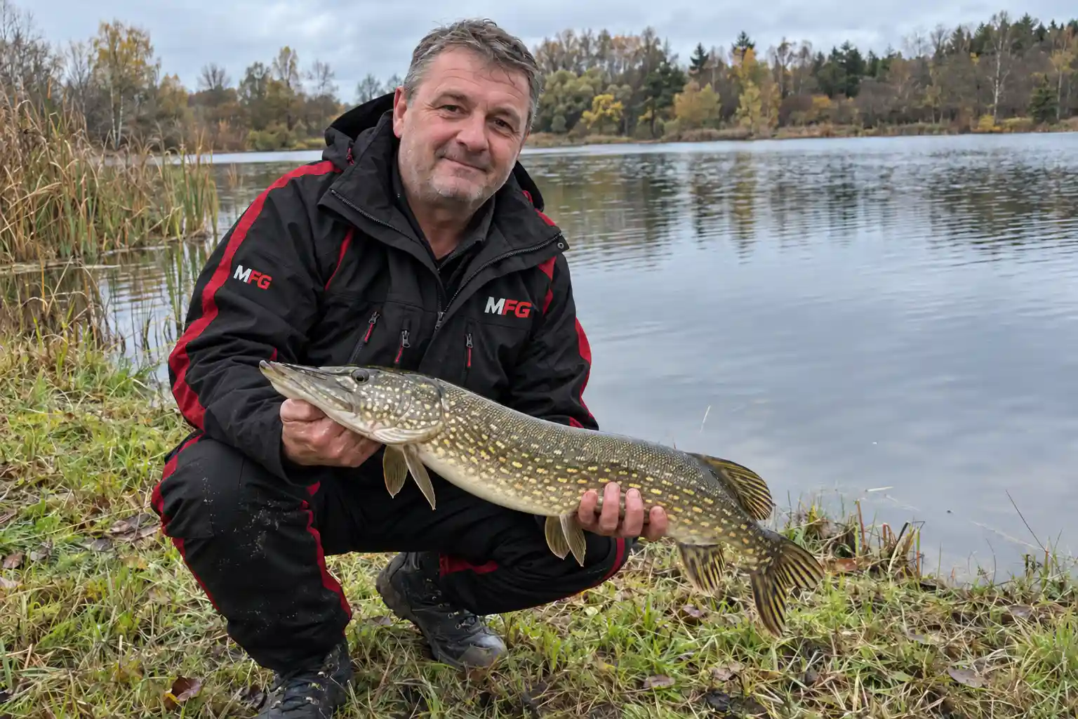 MFG angler supporting a northern pike horizontally with both hands beside a lake.