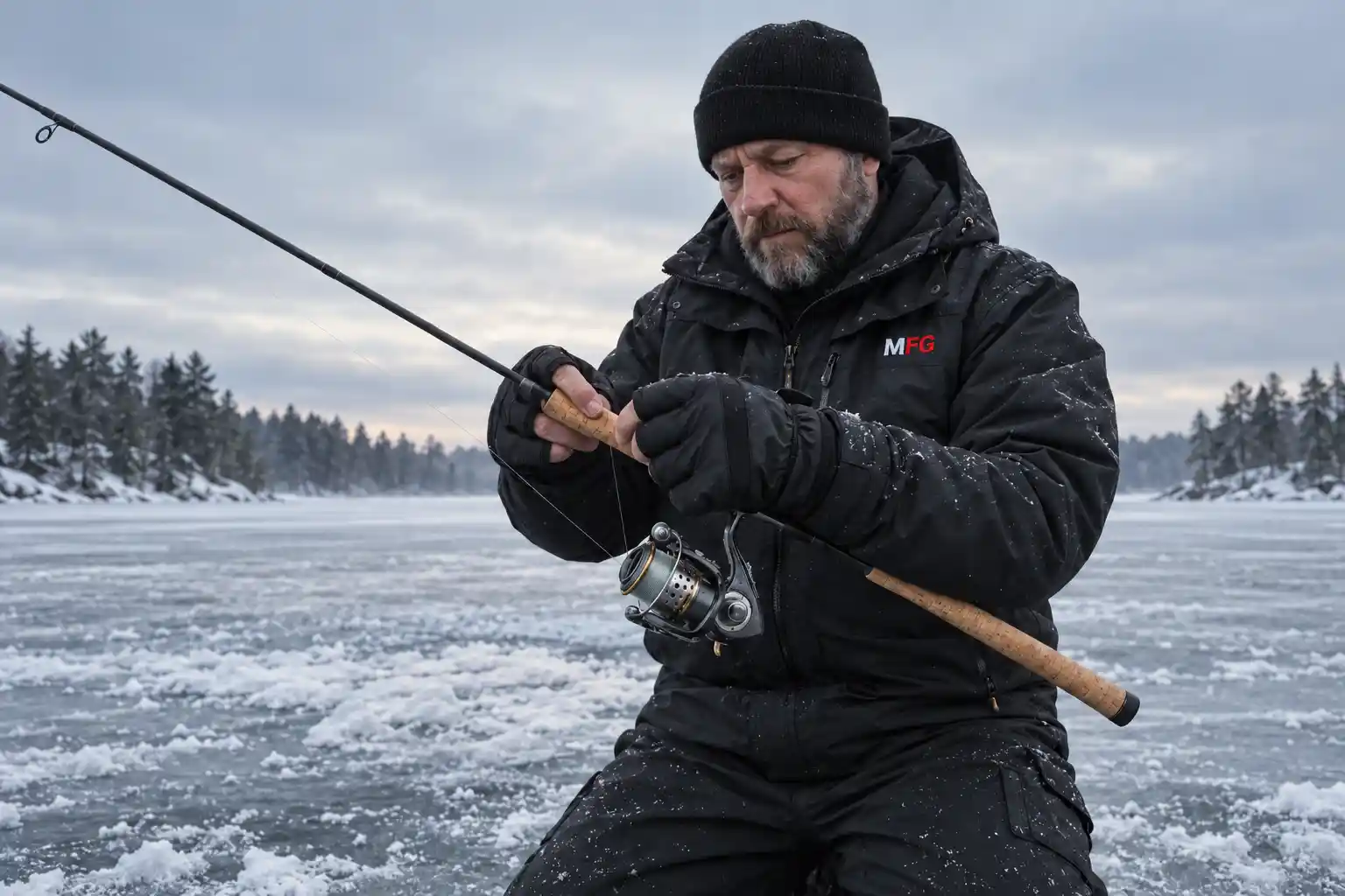 MFG angler using winter fishing gloves while adjusting a spinning rod on a frozen lake