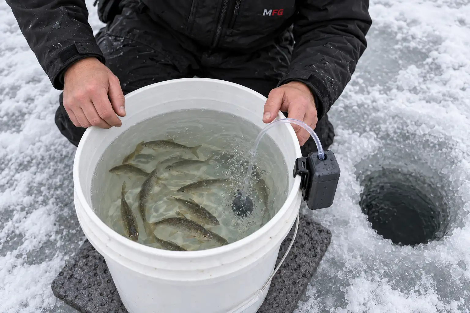 MFG bait bucket with live baitfish and a battery-powered aerator on the ice