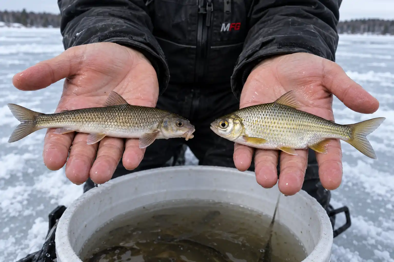 MFG angler holding a white sucker and golden shiner above a bait bucket on the ice