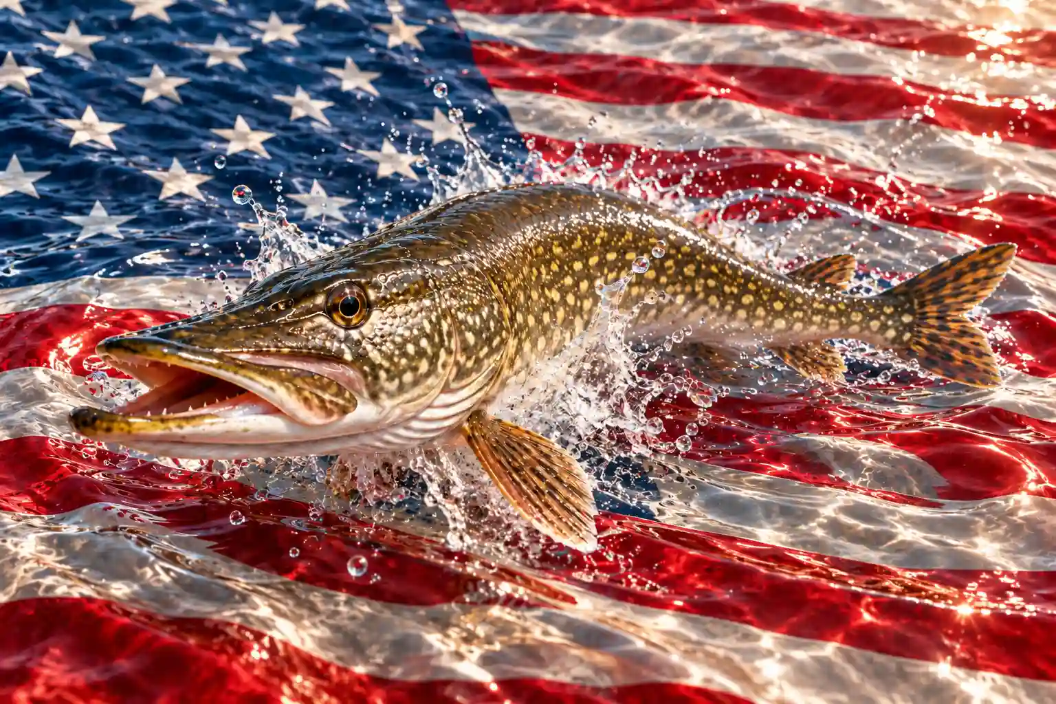 Northern Pike State Records illustration with a pike emerging from American flag water