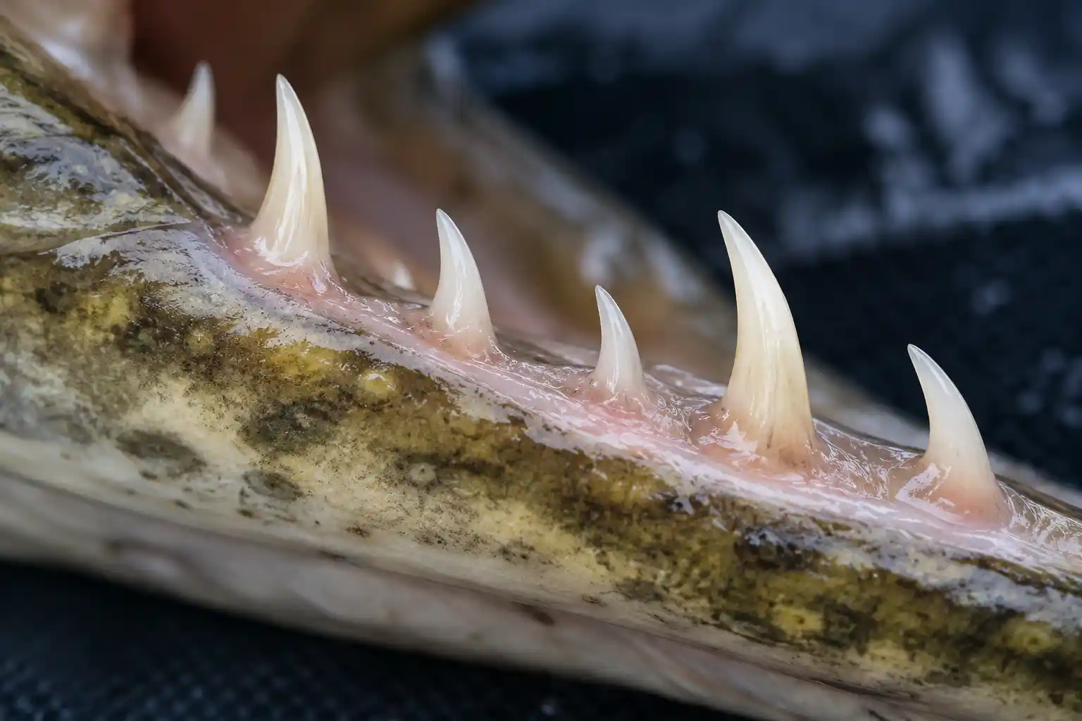 Close-up view of pike teeth along the lower jaw