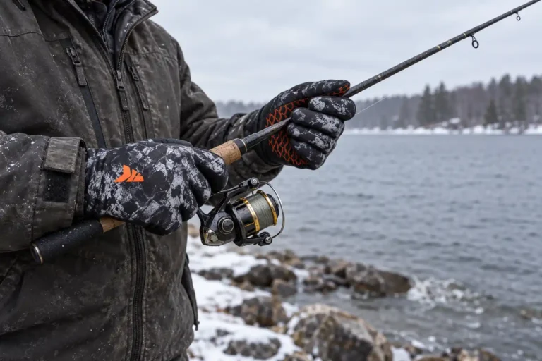 Angler wearing KastKing IceRiver winter fishing gloves while holding a fishing rod by a snowy lake